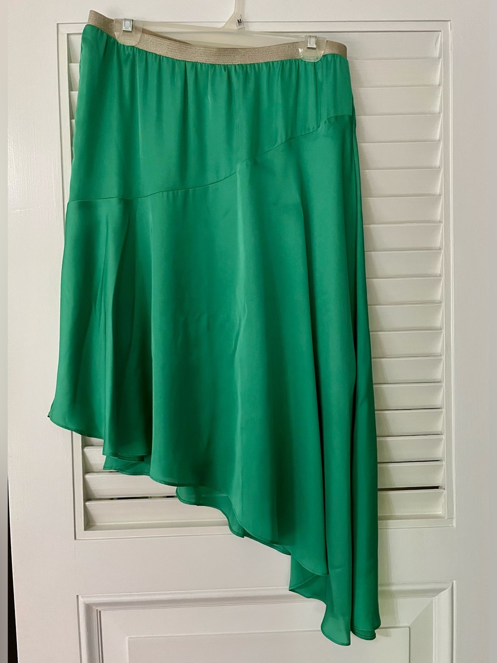 Anthropologie asymmetric satin skirt, size 8 (flaw)